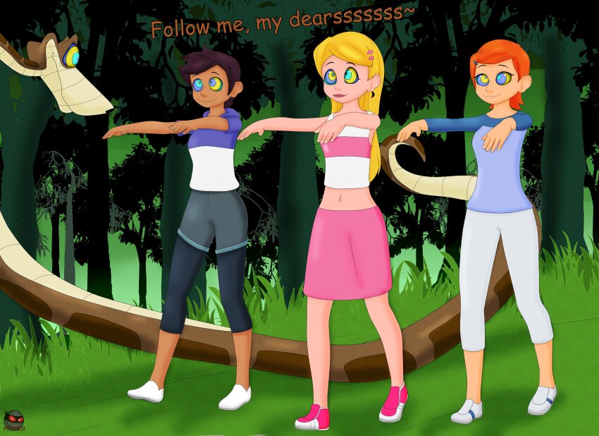 absurdres ben_10 blonde_hair brown_hair cartoon_network character_request crossover dark_skin dialogue disney english_text femsub gwen_tennyson happy_trance harem hypno_ninja hypnotic_eyes kaa kaa_eyes long_hair luz_noceda maledom orange_hair sabrina_(archie) sabrina_spellman sabrina_the_teenage_witch short_hair snake text the_jungle_book the_owl_house trees zombie_walk