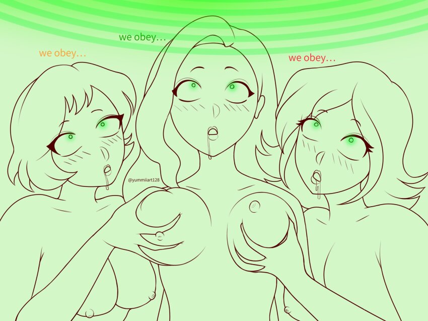 alex blush breast_grab breasts clover drool femsub glowing_eyes green_eyes hypnotic_spiral long_hair monochrome multiple_girls multiple_subs nipples open_mouth sam short_hair shrunken_irises simple_background text topless totally_spies yumiiart