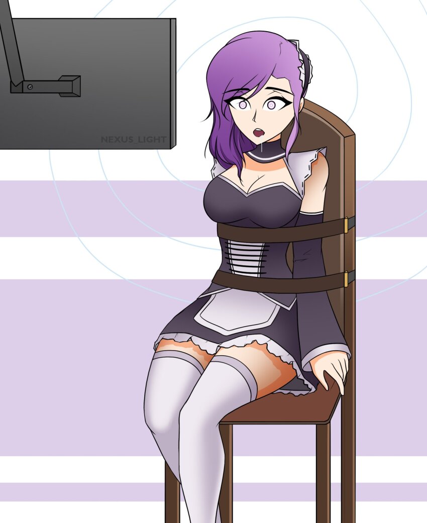 bare_shoulders breasts chair cleavage drool empty_eyes expressionless female_only femsub hypnotic_screen maid maid_headdress nexus_light open_mouth original purple_eyes purple_hair restrained sidecut solo tagme thighhighs violet_(violetriot)