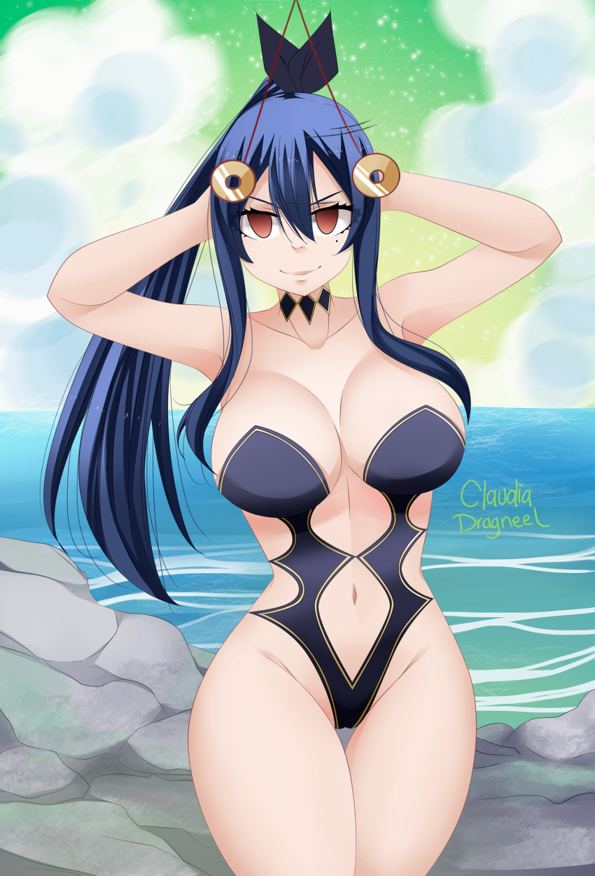 arms_behind_back bare_shoulders beach blue_hair breasts claudia_dragneel cleavage coin edens_zero empty_eyes female_only femsub hair_ribbon happy_trance homura_kogetsu huge_breasts large_hips long_hair looking_at_viewer manip misterman4_(manipper) mole one-piece_swimsuit pendulum smile swimsuit tagme