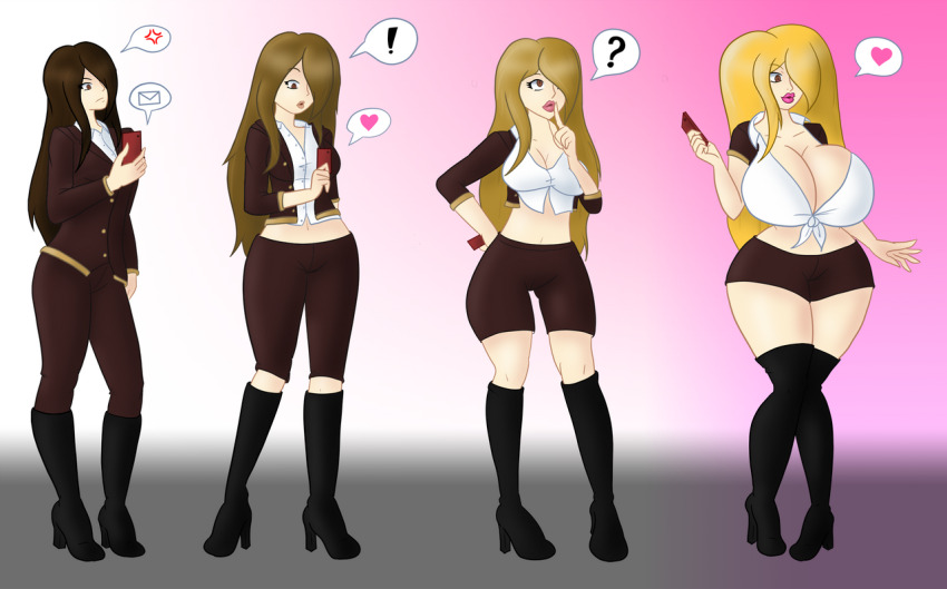 before_and_after bimbofication blonde_hair breast_expansion breasts buck3 character_request happy_trance heart huge_breasts leggings lip_expansion lipstick long_hair original smile tech_control transformation
