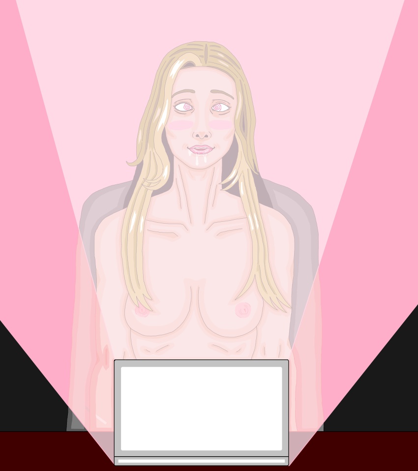 blonde_hair blush breasts drool femsub hypnotic_screen laptop mspainter open_mouth simple_background spiral_eyes tech_control