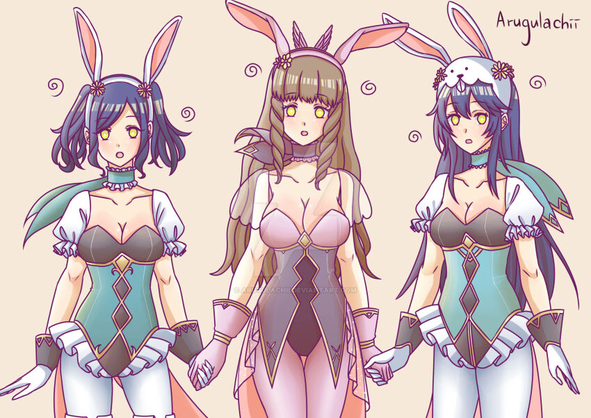 arugulachii blue_hair blush brown_hair bunny_ears bunny_girl bunnysuit cleavage cynthia_(fire_emblem) empty_eyes female_only femsub fire_emblem fire_emblem_awakening fire_emblem_heroes flower_in_hair gloves hair_ornament holding_hands leotard lucina mother_and_daughter multiple_girls multiple_subs nintendo open_mouth princess scarf sisters spiral sumia symbol thighhighs tights twintails watermark yellow_eyes