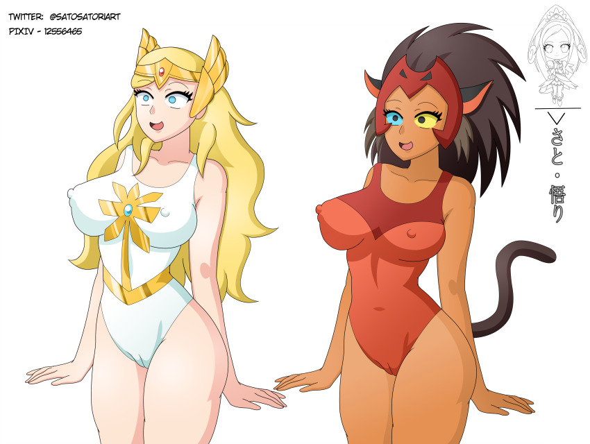 absurdres blonde_hair breasts brown_hair cameltoe cat_girl catra erect_nipples female_only femsub furry happy_trance large_breasts leotard long_hair satosatori she-ra she-ra_and_the_princesses_of_power standing standing_at_attention tail