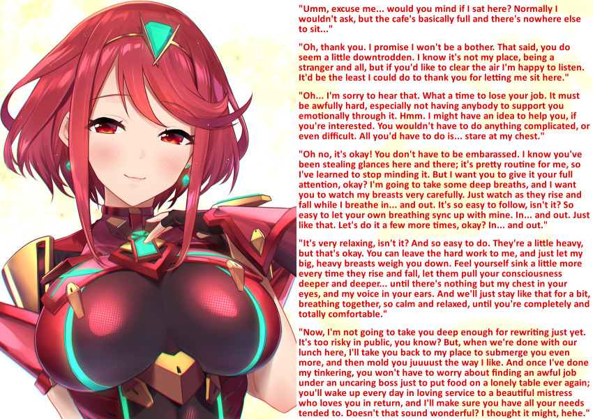 baffu breasts caption caption_only consensual female_only femdom fingerless_gloves gloves glowing huge_breasts hypnotic_breasts jewelry large_breasts manip mommy nintendo pov pov_sub pyra_(xenoblade) red_eyes red_hair short_hair smile text wholesome wildcard77_(manipper) xenoblade_chronicles xenoblade_chronicles_2