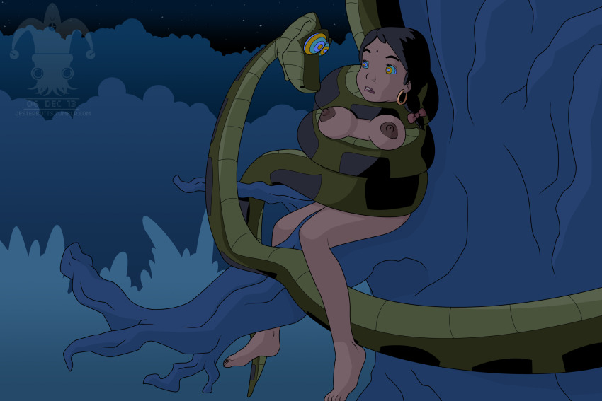 absurdres aged_up barefoot bestiality black_hair blargsnarf bottomless breasts coils disney feet femsub hypnotic_eyes kaa kaa_eyes large_breasts nipples nude shanti short_hair snake the_jungle_book topless twintails western