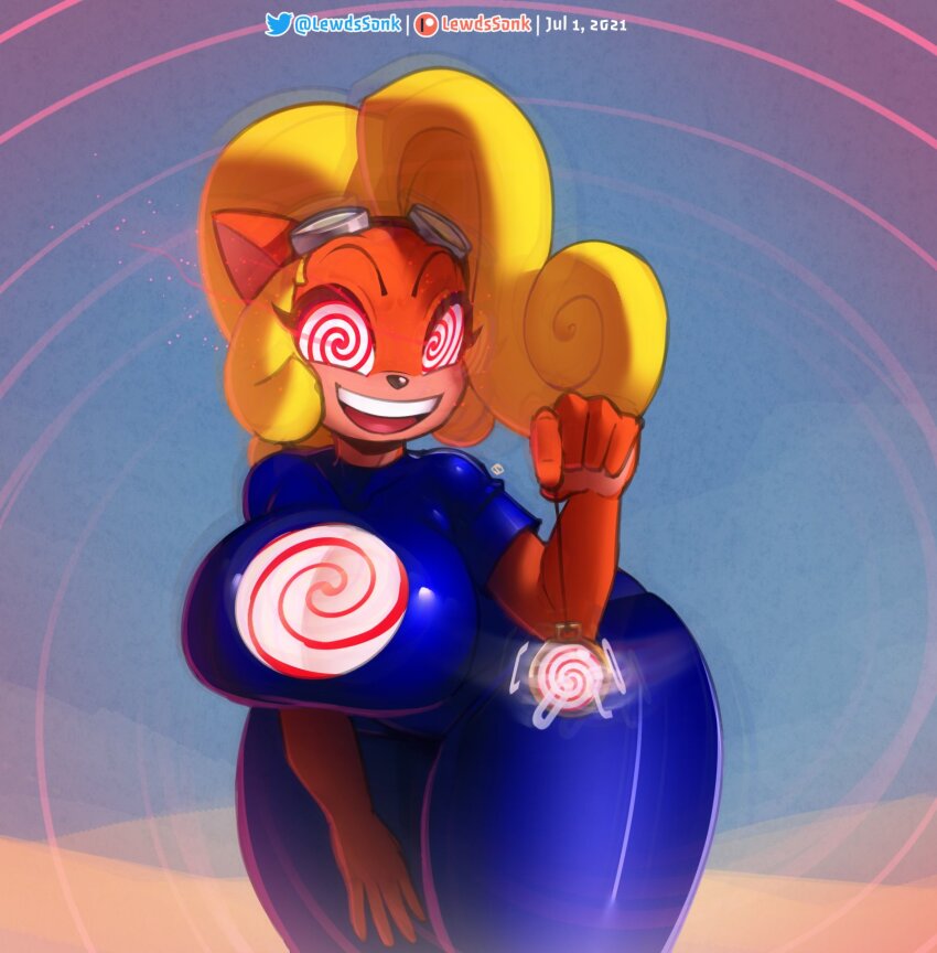 blonde_hair breasts coco_bandicoot crash_bandicoot_(series) female_only femdom furry goggles_on_head happy_trance hypnotic_accessory hypnotic_screen hypnotized_dom hypnotized_hypnotist latex lewdssonk n-tranced pov_sub spiral_eyes thick_thighs