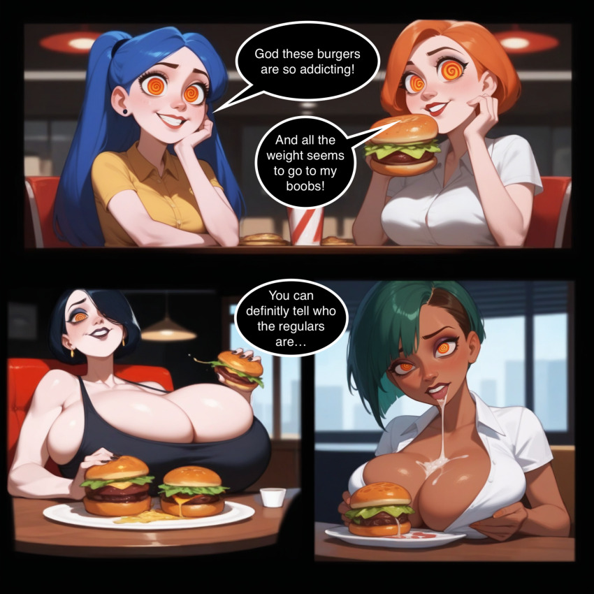 ai_art blue_hair breast_expansion comic dark_skin drool femsub food goth green_hair huge_breasts notanartist_(generator) red_hair spiral_eyes