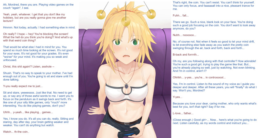 absurdres belt blonde_hair blush breasts caption caption_only cleavage coin couch fate/apocrypha fate_(series) female_only femdom femsub game_controller green_eyes heart heart_eyes jean_shorts looking_at_viewer manip midriff mordred_(fate) mother_and_daughter necklace open_mouth pendulum playstation pov pov_dom short_shorts small_breasts symbol_in_eyes tank_top tears text tomboy wowan_baihe_zenmeliao zebulonpike_(manipper)
