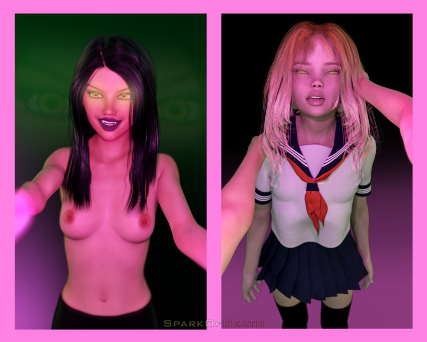 3d absurdres black_hair blonde_hair breasts exposed_chest femdom femsub glowing glowing_eyes school_uniform small_breasts sparkofdeath thighhighs topless uniform vampire yellow_eyes