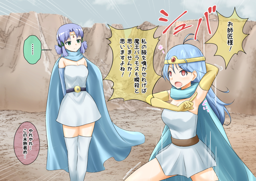 blue_hair character_request confused dialogue dragon_quest_(series) dragon_quest_iii long_hair na_shacho sage_(dragon_quest_iii) short_hair text translation_request