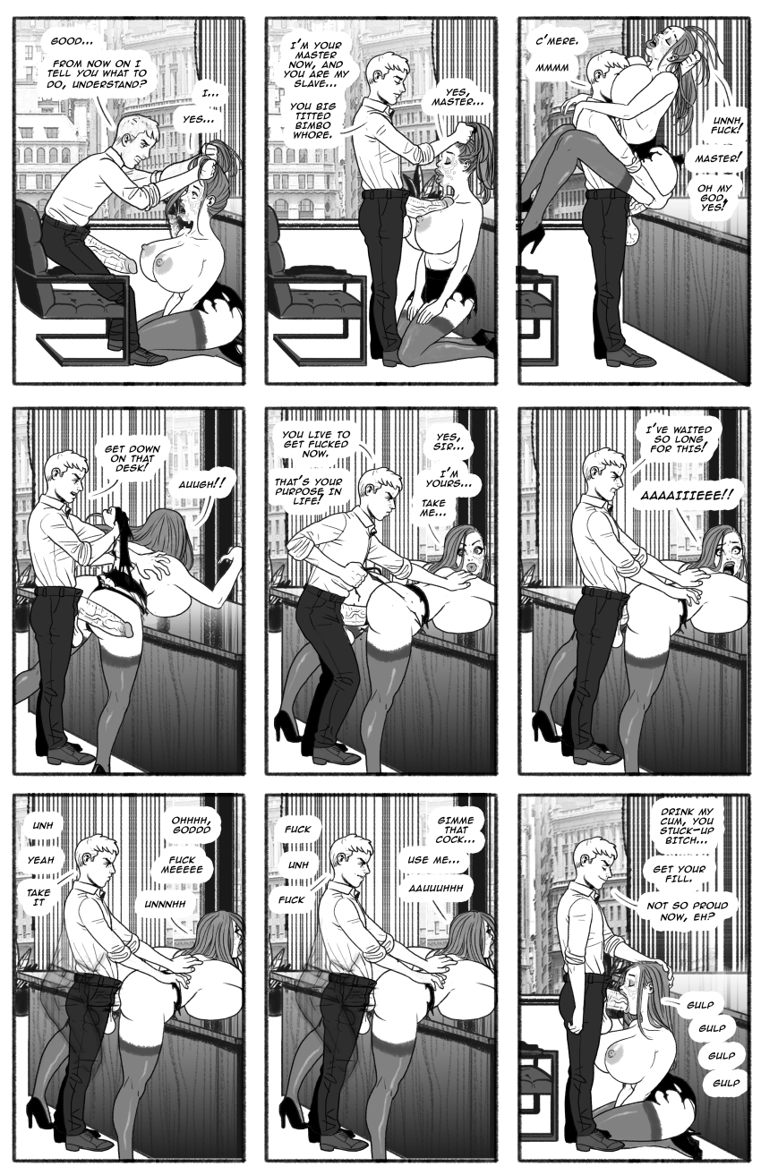 ass_expansion bimbofication brain_drain breast_expansion comic doggy_style fellatio femsub from_behind high_heels huge_breasts large_breasts large_penis maledom monochrome nipples office_lady pegasus_(artist) penis text