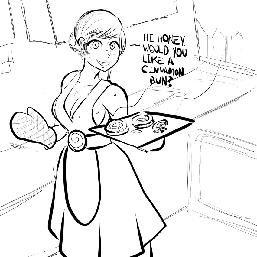 apron bare_shoulders domestication earrings feminization femsub gguy123 greyscale happy_trance housewife jewelry mei_(overwatch) naked_apron overwatch sketch stepfordization text tray