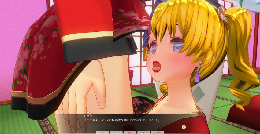 3d blonde_hair blush bottomless breasts curly_hair dialogue femdom femsub japanese_clothing kamen_writer_mc kimono large_breasts magician mc_trap_town multiple_girls multiple_subs screenshot text translated twintails