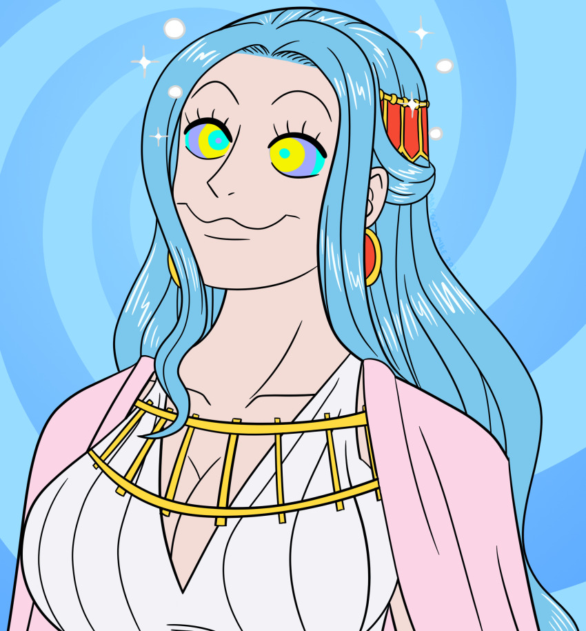 absurdres blue_hair bubble cleavage collarbone earrings female_only femsub hair_ornament happy_trance huge_breasts kaa_eyes long_hair maggotmike nefertari_vivi one_piece simple_background smile solo sparkle spiral_background