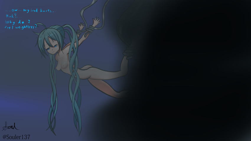 absurdres androgynous androgynous_dom blue_eyes blue_hair bottomless breasts catastrophe femsub final_fantasy final_fantasy_v miku_hatsune monster nude small_breasts soul tentacles text topless twintails vocaloid