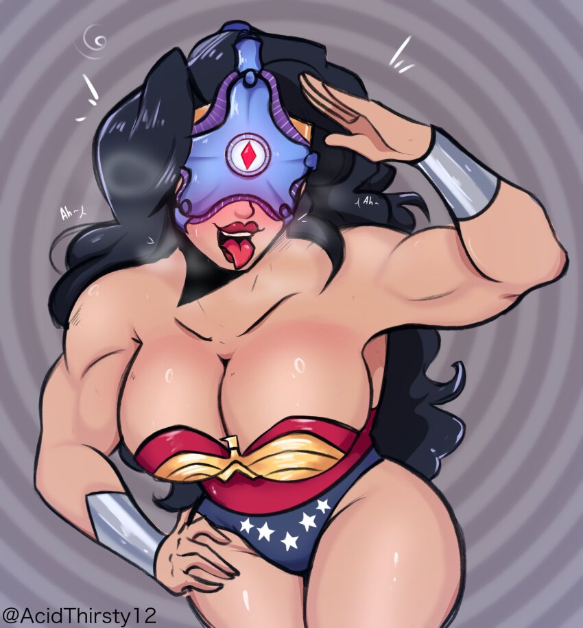 acidthirsty12 bare_legs bare_shoulders black_hair blush circlet cleavage dc_comics eye_color_change eye_roll female_only femsub glowing_eyes grey_background happy_trance long_hair muscle_girl open_mouth ring_background saluting shiny_hair shiny_skin simple_background solo spiral spiral_background spiral_eyes starro symbol_in_eyes tagme thick_thighs thighs tongue tongue_out wonder_woman