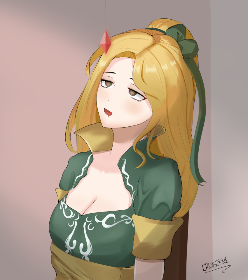 blonde_hair blush castlevania castlevania_symphony_of_the_night cleavage collar eroborne expressionless female_only hypnotic_accessory maria_renard open_mouth signature simple_background solo