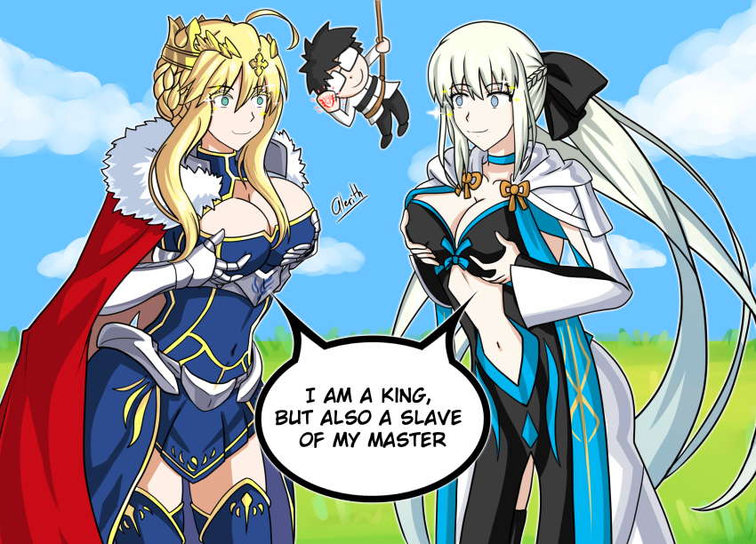 absurdres alerith armor artoria_pendragon_(lancer) bangs black_hair blonde_hair blue_eyes bow braid breasts cape choker cloak command_seal crown dialogue eyebrows_visible_through_hair fate/grand_order fate_(series) femsub gauntlets hair_ornament holding_breasts leaning_forward long_hair maledom morgan_le_fey_(fate) multicolored_hair multiple_girls multiple_subs navel outdoors short_hair smile speech_bubble standing text thighhighs very_long_hair
