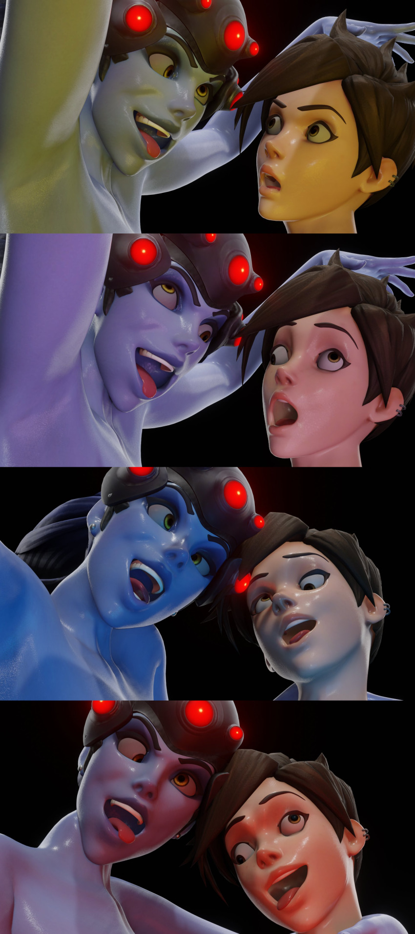 3d armpits arms_above_head brown_eyes brown_hair catnapped! dazed earrings eh female_only femdom femsub happy_trance hypnotic_eyes open_mouth overwatch ponytail purple_hair purple_skin short_hair smile tongue_out tracer unfocused_eyes visor widowmaker