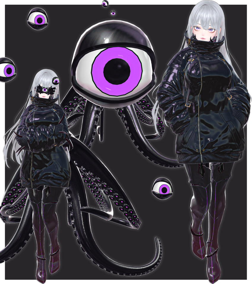 3d absurdres blindfold bodysuit boots border breasts clothed crossed_arms expressionless grey_background jacket kuromaru living_costume long_hair m.u.g.e.n. original possession purple_eyes simple_background standing sumxsum03 tentacles thigh_boots thighhighs very_long_hair white_hair