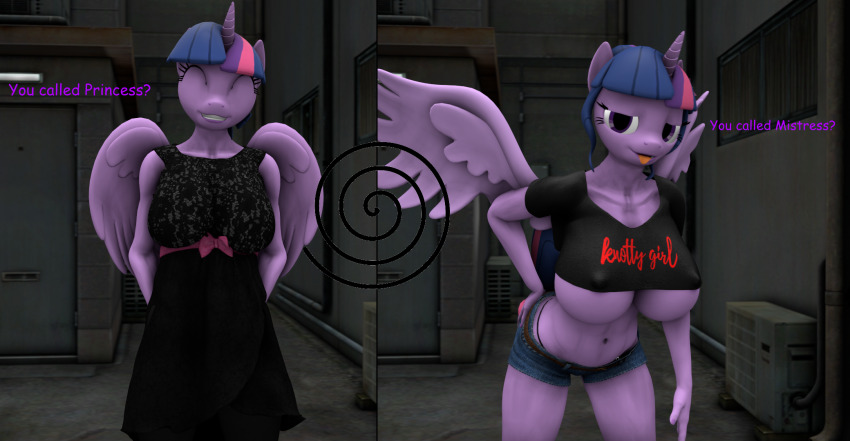 114_(artist) 3d breasts female_only femdom femsub furry horse_girl large_breasts my_little_pony open_mouth purple_hair source_filmmaker text tongue tongue_out twilight_sparkle wings