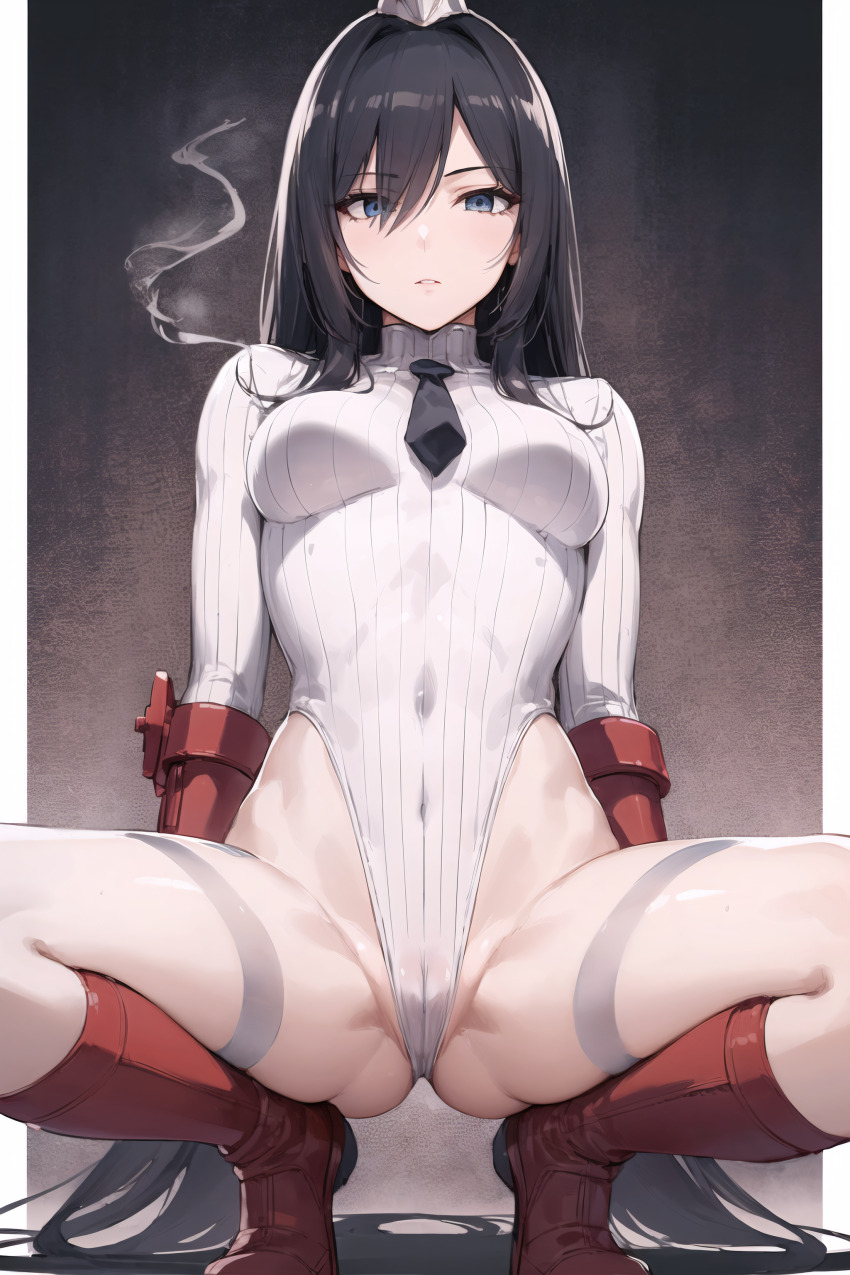 ai_art ass black_hair blue_eyes boots cameltoe capcom empty_eyes expressionless femsub fingerless_gloves gloves hat leotard shadaloo_dolls shoulder_pads spread_legs squatting stable_diffusion_(ai) street_fighter tie very_long_hair voldar