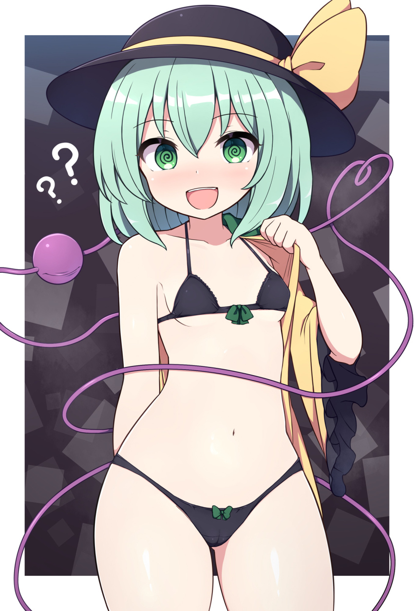 bra confused female_only femsub green_eyes green_hair happy_trance hat koishi_komeiji navel panties rabiso_9 solo spiral_eyes touhou undressing