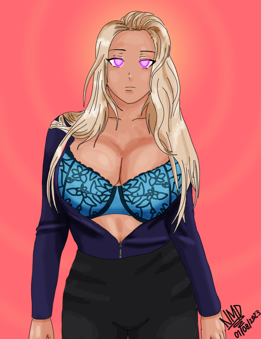 absurdres blonde_hair bra breasts cleavage collarbone exposed_chest expressionless female_only femsub glowing_eyes huge_breasts long_hair nominddetected original pants pink_eyes rose_(nominddetected) simple_background sketch solo standing standing_at_attention watermark