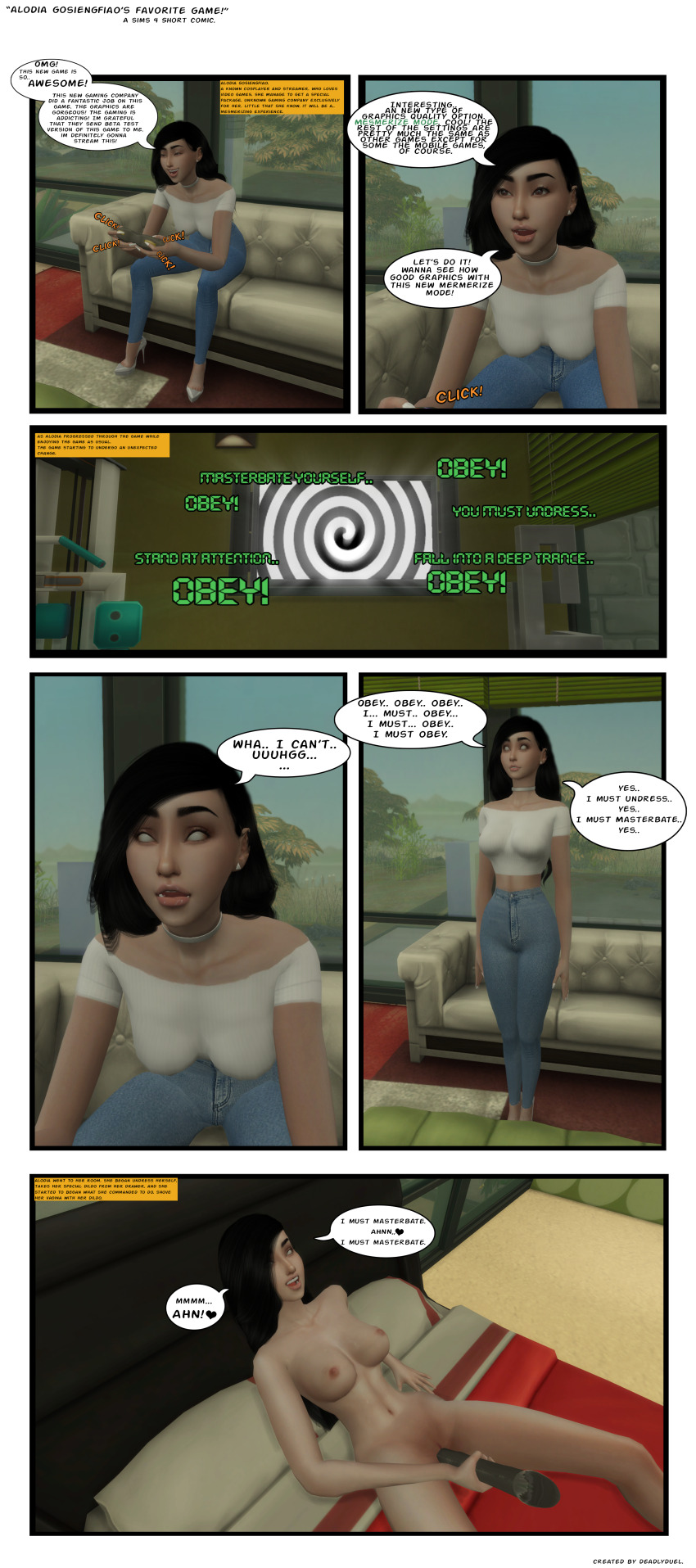 3d absurdres breasts character_request comic deadlyduel dildo expressionless femsub sex_toy sims_4 tech_control text white_eyes whitewash_eyes