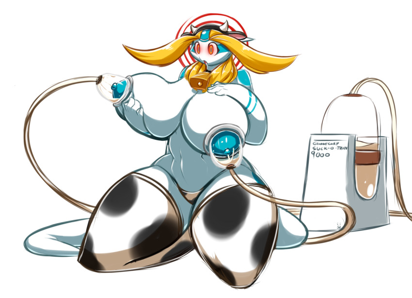 aijou_(averyshadydolphin) averyshadydolphin blonde_hair breasts cow_girl dazed dead_source drool erect_nipples female_only femsub furry glowing glowing_eyes horns huge_breasts lactation large_breasts milking milking_machine nipples open_mouth original spiral topless