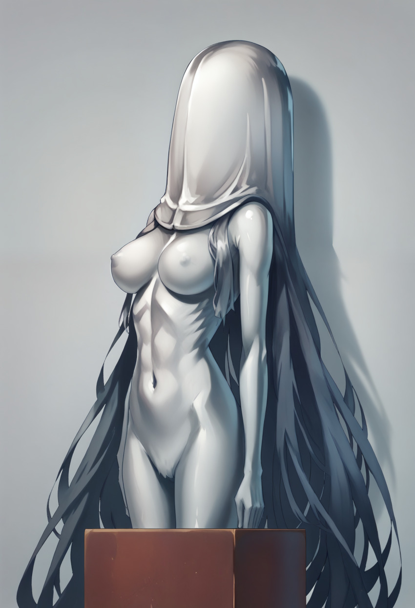 ai_art bottomless breasts bullet_men female_only femsub grey_hair grey_skin kaguya_houraisan navel nipples npg8993_(generator) nude petrification solo standing standing_at_attention topless touhou very_long_hair