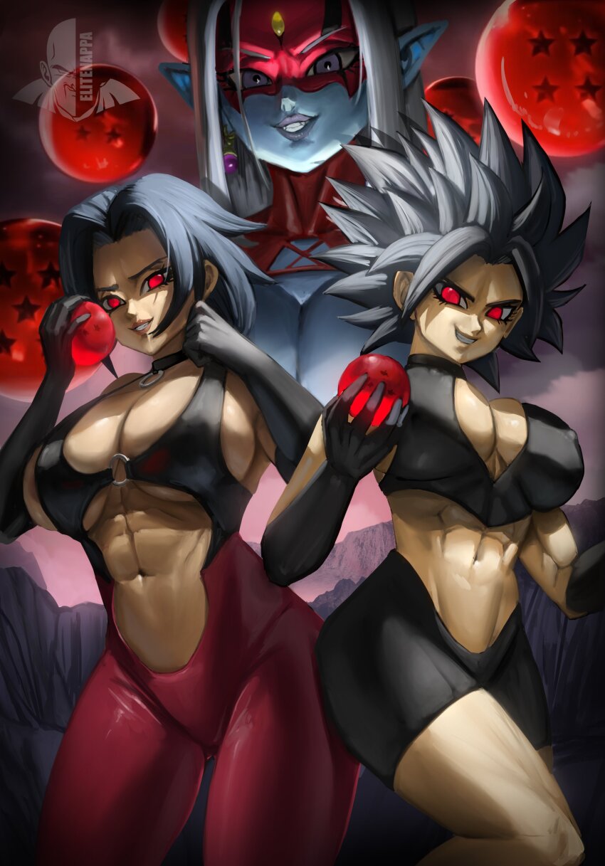 abs absurdres alternate_costume black_hair blue_skin breasts caulifla cleavage corruption dragon_ball dragon_ball_heroes earrings elitenappa erect_nipples evil_smile femdom femsub gloves hypnotized_dom jewelry kale looking_at_viewer multiple_girls multiple_subs opera_gloves red_eyes sideboob smile smirk towa_(dragonball) white_hair