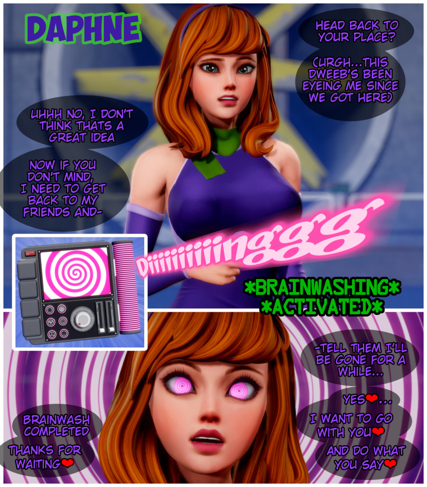 3d b0bb1t before_and_after comic corruption daphne_blake english_text femsub red_hair scarf scooby-doo_(series) spiral_eyes symbol_in_eyes tech_control text
