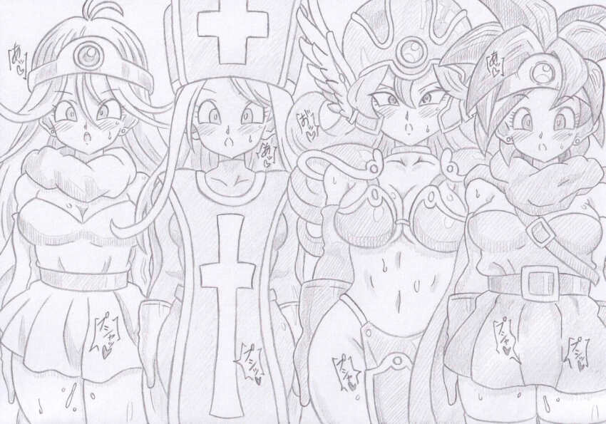 banshou bikini_armor breasts circlet clothed defeated dragon_quest_(series) dragon_quest_iii earrings empty_eyes expressionless female_only femsub greyscale hat helmet hero_(dragon_quest_iii) large_breasts long_hair midriff monochrome multiple_girls multiple_subs open_mouth orgasm priest_(dragon_quest_iii) pussy_juice sage_(dragon_quest_iii) short_hair simple_background skirt sweat traditional warrior_(dragon_quest_iii)