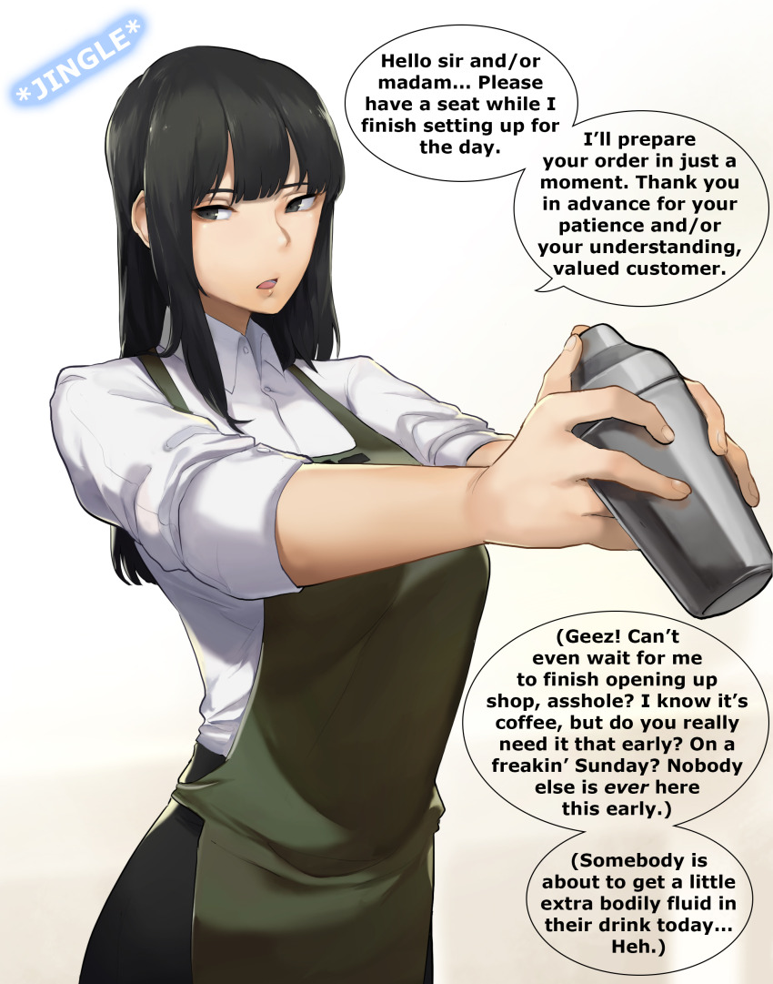 absurdres angry apron black_hair femsub grey_eyes humor long_hair looking_back lorese_(manipper) male_pov manip naoko_(9113419) pov pov_dom tagme text thought_bubble
