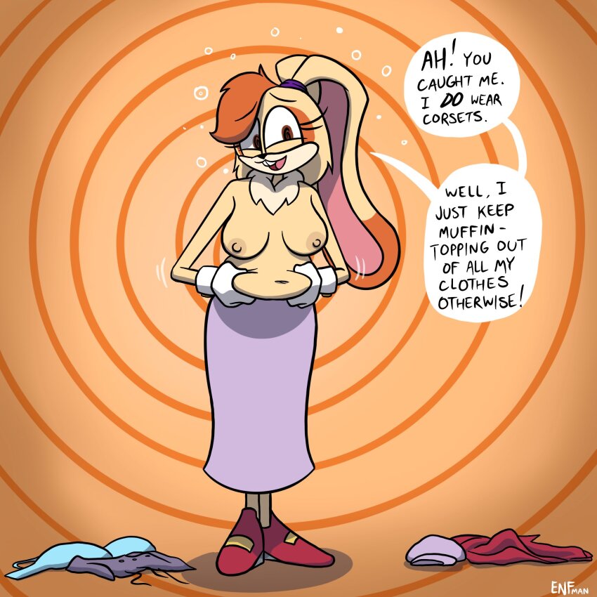 breasts brown_eyes bunny_girl chubby dialogue female_only femsub furry gloves large_breasts long_skirt looking_at_viewer milf nipples open_mouth orange_background signature simple_background skirt smile solo sonic_the_hedgehog_(series) speech_bubble spiral spiral_background spiral_eyes standing symbol_in_eyes text theenfman unaware undressing vanilla_the_rabbit