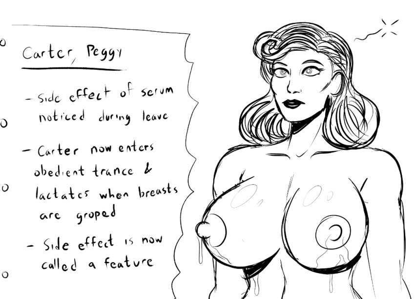 breasts expressionless femsub lactation large_breasts marvel_comics milk peggy_carter polmanning sketch standing standing_at_attention super_hero text