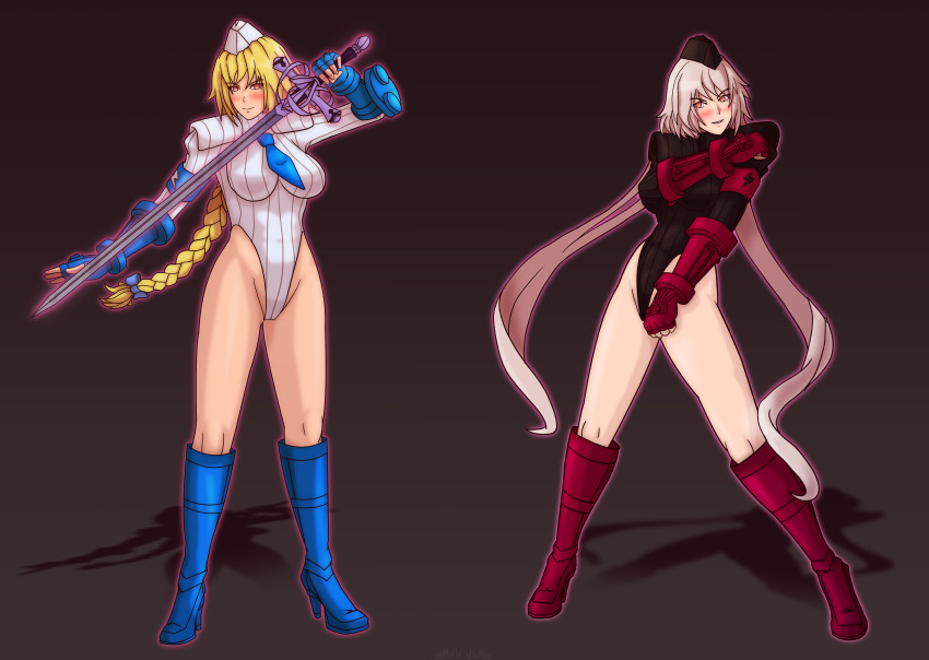 blonde_hair blush boots braid breasts corruption cosplay crossover fate/apocrypha fate/grand_order fate_(series) female_only femsub gloves happy_trance hat jeanne_alter jeanne_d'arc_(fate) leotard long_hair multiple_girls multiple_subs pink_eyes shadaloo_dolls smile street_fighter sword twintails very_long_hair victoriamikoto white_hair