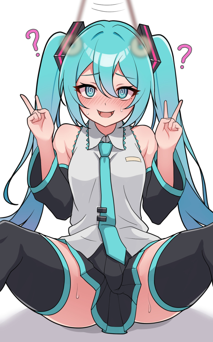 absurdres arm_warmers bare_shoulders blue_eyes blue_hair blush boots breasts coin confused cyan_eyes cyan_hair double_v empty_eyes female_only femsub happy_trance kumada_gaon miku_hatsune open_mouth pendulum shirt simple_background sitting skirt small_breasts smile solo spiral_eyes spread_legs sweat symbol_in_eyes thigh_boots thighhighs tie twintails v vocaloid white_background