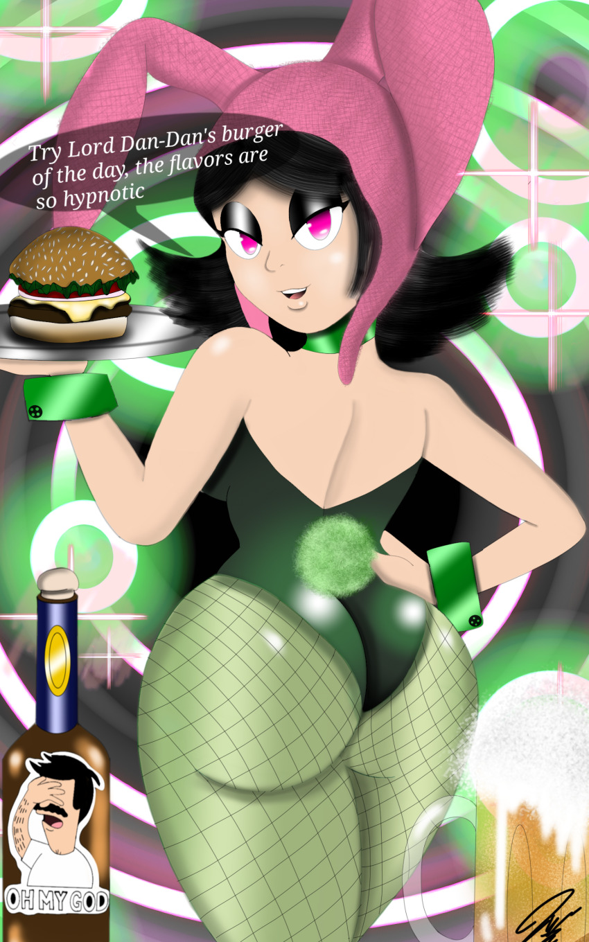 absurdres ass ass_focus black_hair bob's_burgers bunny_ears bunnysuit cuffs fake_animal_ears femsub fishnets food hand_on_hip looking_at_viewer looking_back lorddandan louise_belcher pink_eyes solo spiral tagme text tray waitress