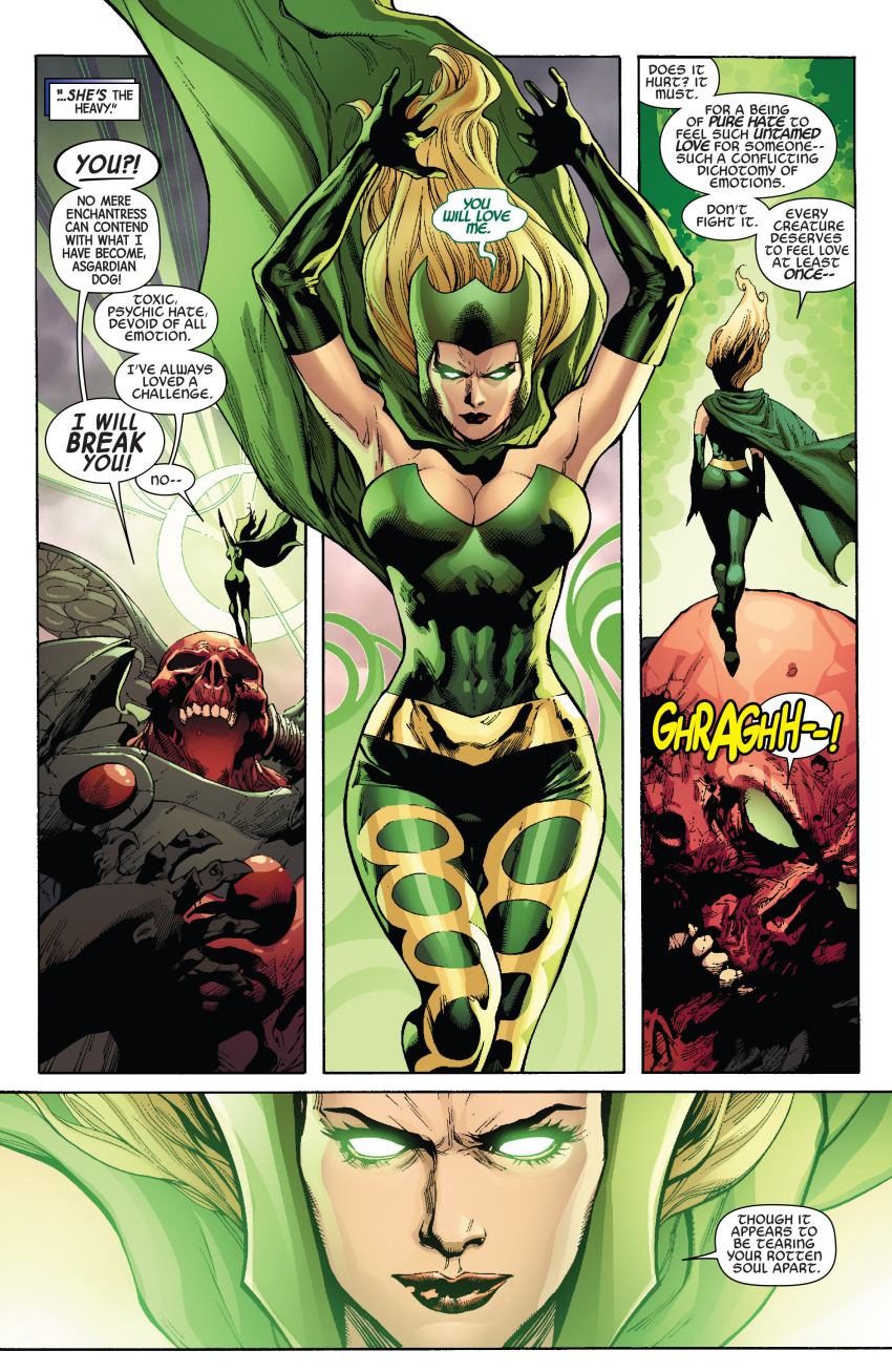 absurdres blonde_hair breasts cleavage comic enchantress femdom gerry_alanguilan glowing glowing_eyes large_breasts laura_martin leinil_francis_yu long_hair malesub marvel_comics official red_onslaught super_hero text