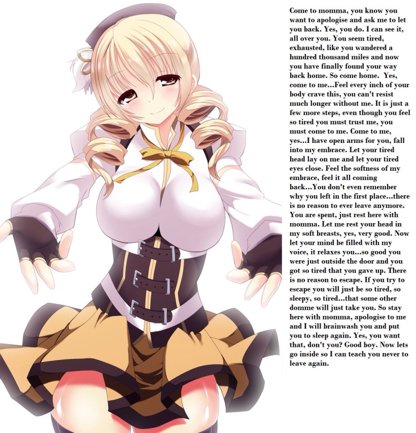 blonde_hair blush breasts caption drill_hair femdom hypsubject_(manipper) large_breasts looking_at_viewer male_pov mami_tomoe manip mommy pov pov_sub puella_magi_madoka_magica skirt smile text thighhighs twintails yellow_eyes
