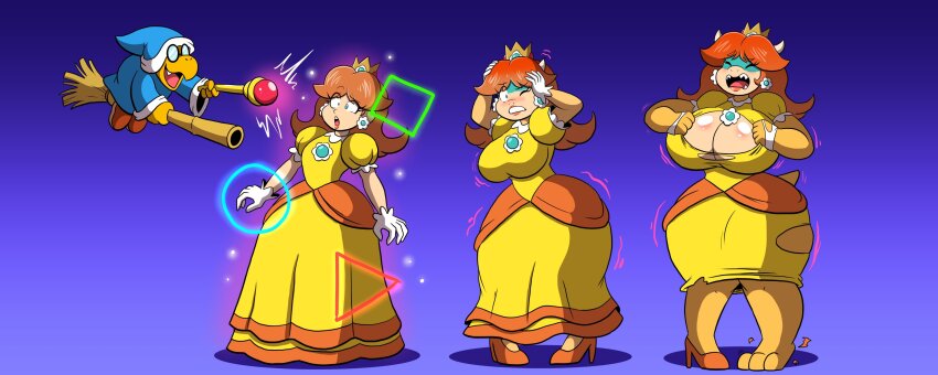 before_and_after breast_expansion breasts brown_hair corruption crown femsub furry huge_breasts magic_wand magikoopa maledom nintendo princess princess_daisy prinnydood sequence simple_background super_mario_bros. tagme transformation