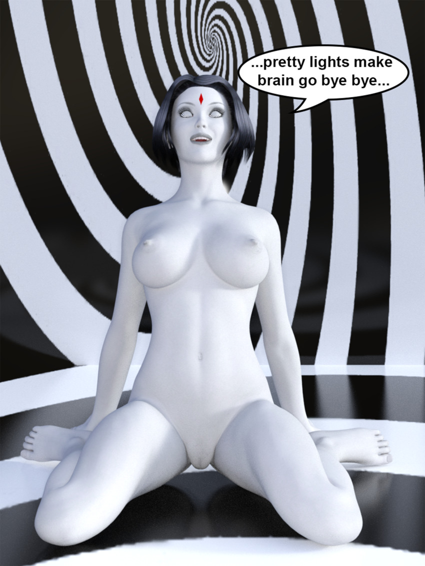 3d absurdres bottomless brain_drain breasts dc_comics dialogue female_only femsub happy_trance kneeling large_breasts nude raven solo spiral spiral_eyes super_hero symbol_in_eyes teen_titans text theheckle topless white_skin