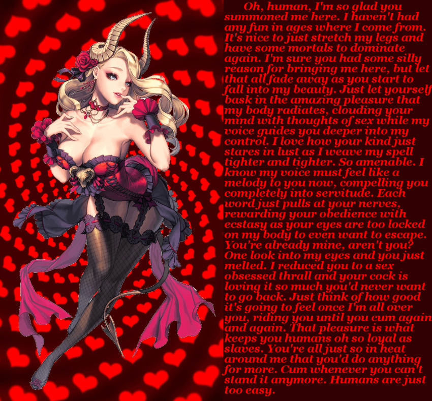 airegin416_(manipper) animated animated_eyes_only animated_gif blonde_hair breasts caption cleavage demon_girl female_only femdom heart horns large_breasts leaning_forward long_hair looking_at_viewer male_pov manip monster_girl orgasm_command pov pov_sub spiral succubus tail text thighhighs