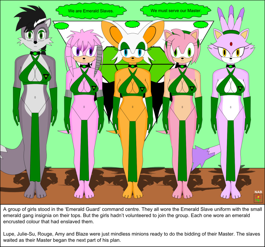 amy_rose bat_girl bat_wings blaze_the_cat cat_girl collar echidna_girl empty_eyes expressionless eyeshadow femsub furry harem_outfit hedgehog_girl julie-su lupe_wolf nabs001 open_mouth rouge_the_bat sonic_the_hedgehog_(series) standing standing_at_attention text wolf_girl