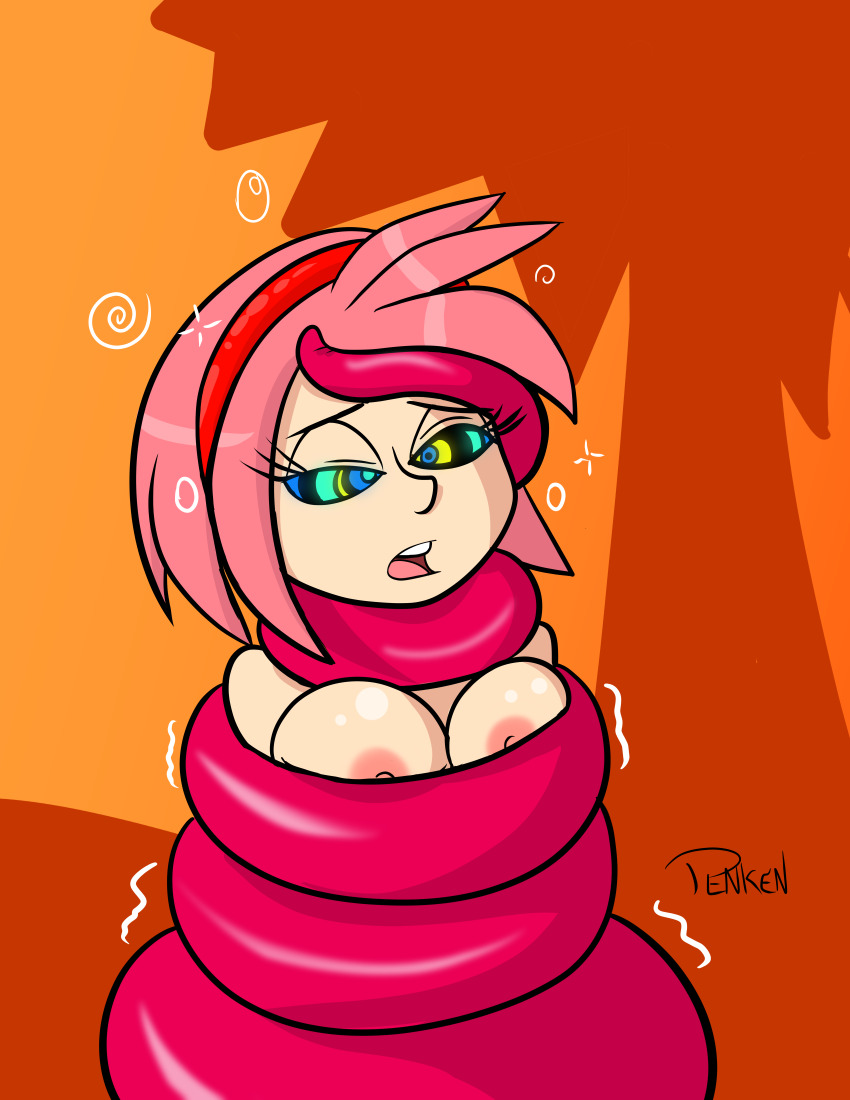 absurdres amy_rose bottomless breasts coils crossed_eyes dazed female_only femdom femsub hedgehog_girl kaa_eyes large_breasts nipples nude open_mouth penken personification pink_hair short_hair snake sonic_the_hedgehog_(series) topless