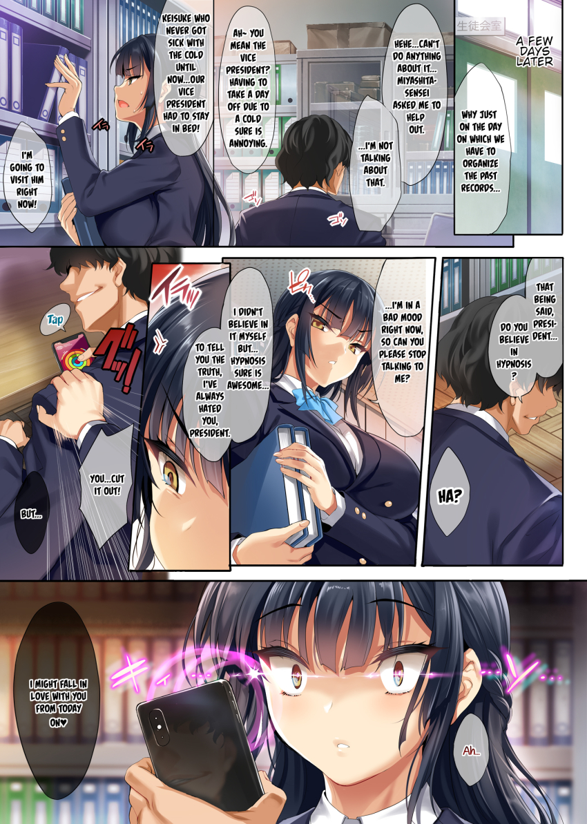 angry aware before_and_after black_hair breasts cell_phone cle_masahiro comic dialogue evil_smile femsub hard_translated huge_breasts long_hair maledom orange_eyes original phone short_hair sweat tech_control text tokino_miki tomboy unaware