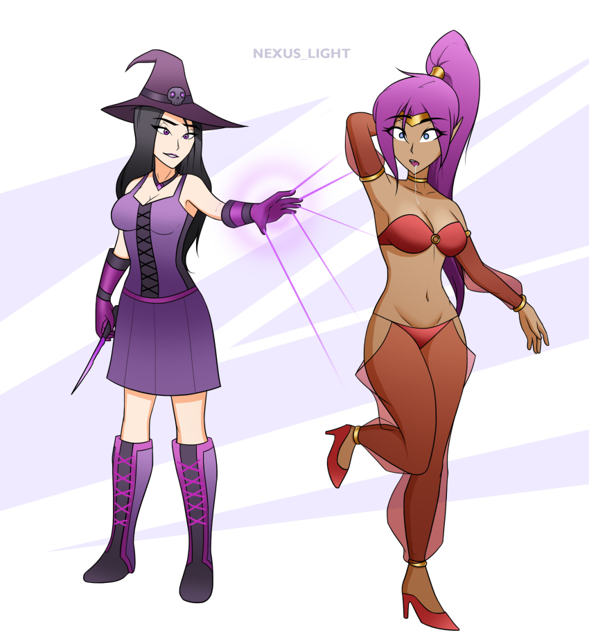 absurdres black_hair body_control boots breasts dark_skin drool elf_ears empty_eyes expressionless female_only femdom femsub genie glowing glowing_eyes hat human_puppet jewelry long_hair mina_morgan_(somebodyiusedtohypno) nexus_light open_mouth original ponytail puppet purple_hair shantae shantae_(series) smile underwear very_long_hair witch witch_hat